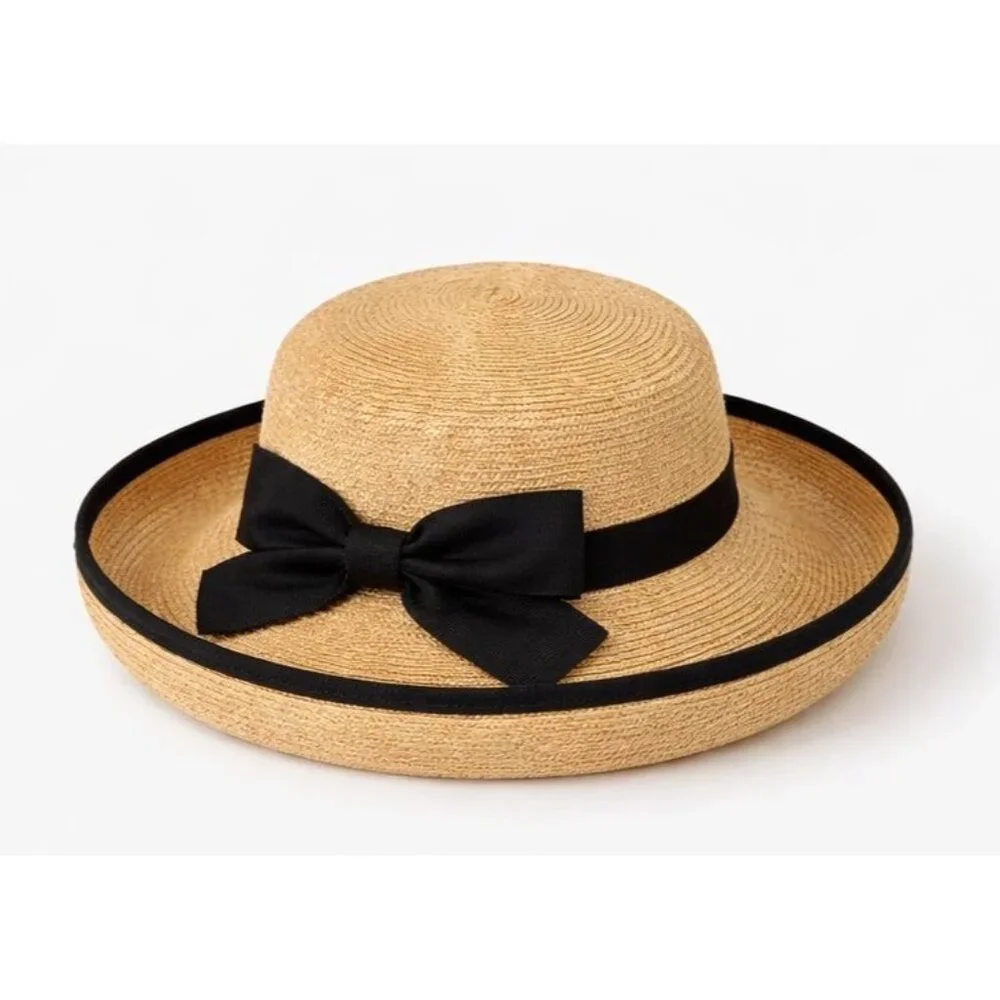 Talbots Straw Boater Hat with Black Bow – Classic Wide Brim Summer Hat - Picture 2 of 5